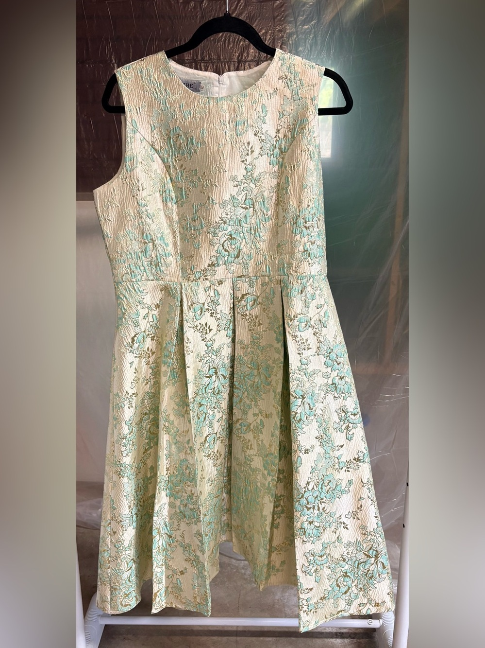 Cream Floral Jacquard Dress with Mint Accents